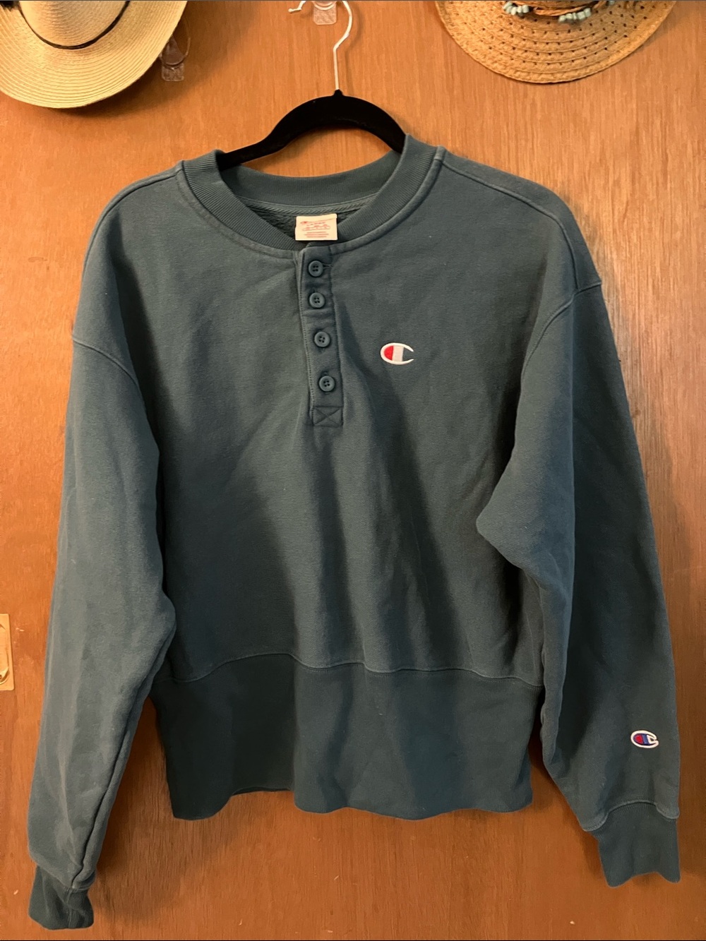 Champion Crewneck Henley Sweatshirt in Teal Green
